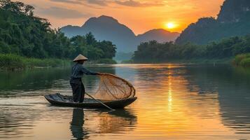 Fisherman in traditional hat casting net on tranquil river at sunset photo