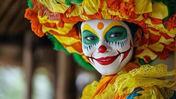 Colorful clown with vibrant makeup and floral headdress, smiling joyfully photo