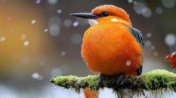 an orange bird sitting on a branch in the snow photo