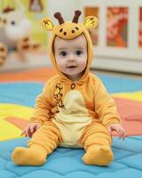 Cute baby in giraffe costume sitting on colorful play mat photo
