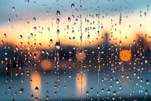 rain drops on a window at sunset photo