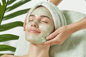 Woman enjoying relaxing facial treatment with green clay mask and towel wrap photo