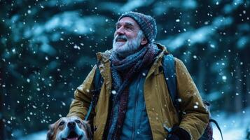 an older man with a dog in the snow photo