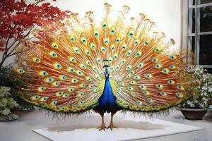 a peacock is standing on a white table photo