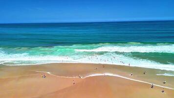 A stunning beach scene with mesmerizing turquoise waters, rolling waves, and sunbathers delighting in the warm sun video