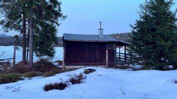 A peaceful winter cabin scene with falling snow, tall trees, and a serene view of the nearby frozen lake video