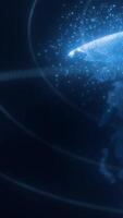 Digital globe with glowing data lines orbiting around continents on a dark blue background video