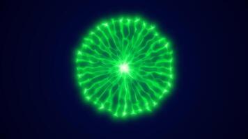 Bright green plasma orb radiating energy with glowing electric tendrils on a deep blue background video