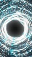 Circular portal-like structure made of glowing blue and white dots radiates around a black center video
