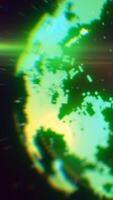 A pixelated green and yellow digital sphere glows with chromatic distortion, evoking a glitchy tech aesthetic video