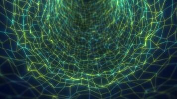 Neon green mesh tunnel flowing into darkness, creating an immersive digital grid pattern video