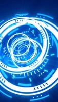 High-tech digital interface with concentric glowing circles and data elements, simulating a futuristic HUD video