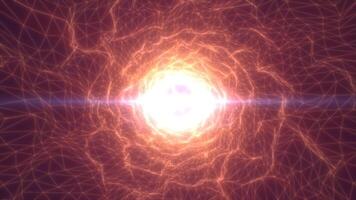 Abstract golden energy core surrounded by glowing mesh network, creating a tunnel with radiating light beams video