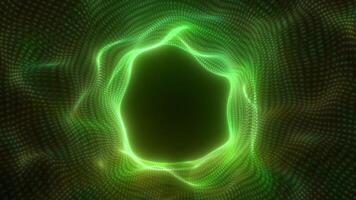 Circular green vortex made of digital particle streams forming a dense and glowing tunnel video