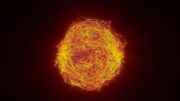 Bright abstract orange sphere made of glowing tangled lines, radiating heat and energy on a dark background video