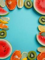 Bright and Colorful Food-Themed Social Media Frame Made With Various Fruits Set Against a Blue Background photo