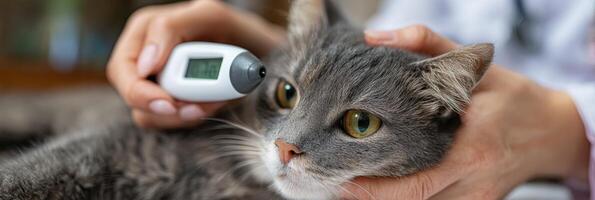Vet Conducts Temperature Check on Relaxed Cat Using Digital Thermometer in a Clinic Setting photo