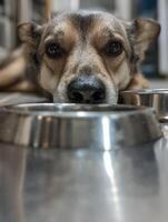 Dogs Face Reflected in Stainless Bowl With Blurred Floor in Background, Showcasing the Pets Curiosity and Calmness in Its Environment photo
