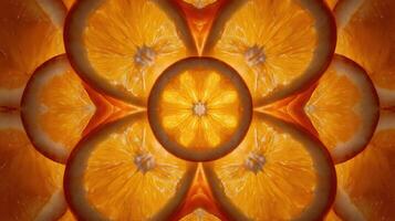 Sliced Oranges Creating a Vibrant Mandala in a Motion Blur With a Symmetrical Effect and an Open Area on the Right photo