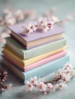 Stack of Pastel Colored Books With Soft Matte Finish Beside Spring Blossoms During a Calm Morning photo