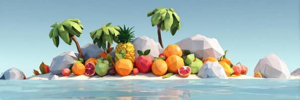 Floating Island Showcasing Vibrant Tropical Fruits in Low-Poly Design Surrounded by Calm Waters and a Clear Sky photo