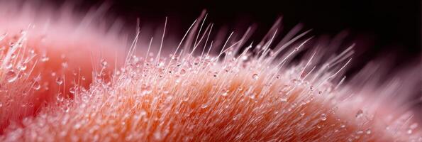 Close-up of Peach Fuzz Showcasing Intricate Details and Water Droplets in Macro Photography photo