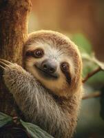 Close-up of Sloth Gently Hugging Tree Branch in Vibrant Rainforest During Soft Golden Hour Light photo