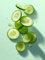 Floating Cucumber Slices With Soft Shadows Create a Refreshing Visual on a Light Green Background During Midday Light photo