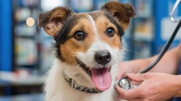 Veterinary Clinic Featuring a Happy Dog Receiving Care From a Vet Holding a Stethoscope in a Clean and Welcoming Environment photo