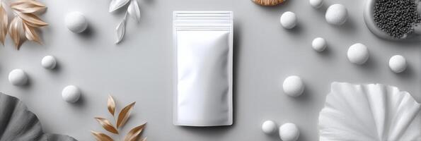 Minimalistic Packaging Pouch Mockup With Decorative Props and Empty Space for Branding photo