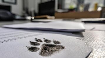 Cat Paw Print Rests on Paperwork With a Clean Desk in the Background, Capturing an Unexpected Moment of Playful Curiosity photo