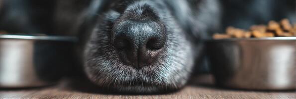 Dog Snout Reaching Food Bowl With Soft Background and Depth of Field Creating an Inviting Atmosphere for Mealtime photo