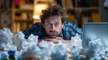 Sick Man Working From Bed Surrounded by Tissues While Trying to Complete Tasks on His Laptop During a Challenging Work Day photo