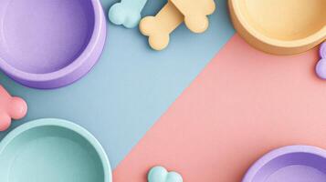 Mockup Banner Design Featuring Pastel Colored Pet Bowls and Bone Shapes on a Split Background for a New Pet Brand Launch photo