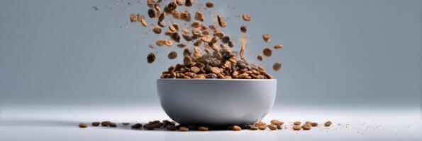 Dry Food Pours Gracefully Into a Bowl, Capturing Dynamic Motion Against a Soft Background in Bright Light photo