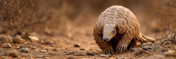 Pangolin Walks Towards Camera in Arid Landscape Showcasing Its Unique Armor of Scales Near Rocks and Dried Vegetation photo