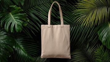 Beige Tote Bag Mockup Featuring Tropical Leaves on a Dark Background for Design Presentations and Creative Projects photo