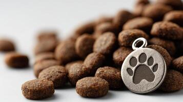 Closeup of Kibble With Grain-Free Tag and Clean Neutral Background Highlighting Pet Nutrition Options photo