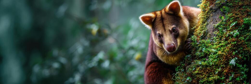 Tree Kangaroo Resting on a Mossy Trunk in a Lush Forest Environment With Cool Tones and Ample Space for Text Above photo
