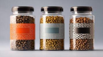 Clean Composition of Pet Nutrition Labels With Empty Branding Zones for Potential Product Design photo
