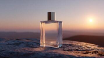 Minimalist Perfume Bottle Resting on a Surface With a Beautiful Sunset Landscape in the Background, Capturing the Essence of Tranquility and Elegance photo