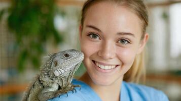 Vet Assistant Smiles While Handling Iguana During a Bright Day in a Clinic Environment photo