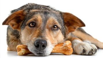 Dog Enjoys Chewing on a Bone While Resting on a Clean White Background in a Calm Indoor Environment photo