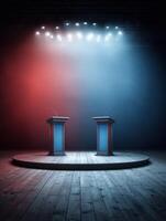 Political Debate Stage Illuminated by Spotlight Showcasing Empty Podiums in a Dramatic Lighting Setup With a Wide Backdrop photo