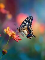 Exotic Butterfly Rests Delicately on a Vibrant Flower While Basking in Sunlight on a Sunny Day in a Lush Garden Setting photo