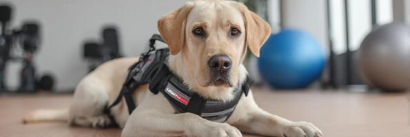 Dog Participates in Post-Surgery Mobility Training Wearing Harness in Minimal Background Setting for Rehabilitation Therapy photo