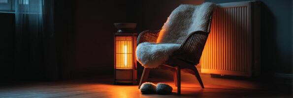 Cozy Chair by Heater With Warm Light and Slippers for Relaxation During Chilly Evening photo