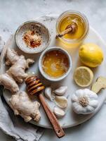 Home Cold Remedies Featuring Honey, Ginger, Garlic, and Lemon for Natural Wellness and Immune Support photo