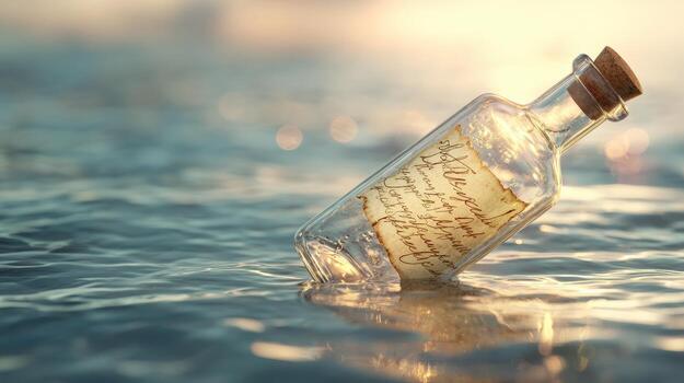 Hand-drawn Message in a Floating Bottle Gently Gliding on Water With Dreamy Lighting and an Open Top Margin Inviting Thoughts photo