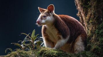 Tree Kangaroo Exploring a Mossy Trunk in a Cool-Toned Forest Setting During Early Morning Light photo